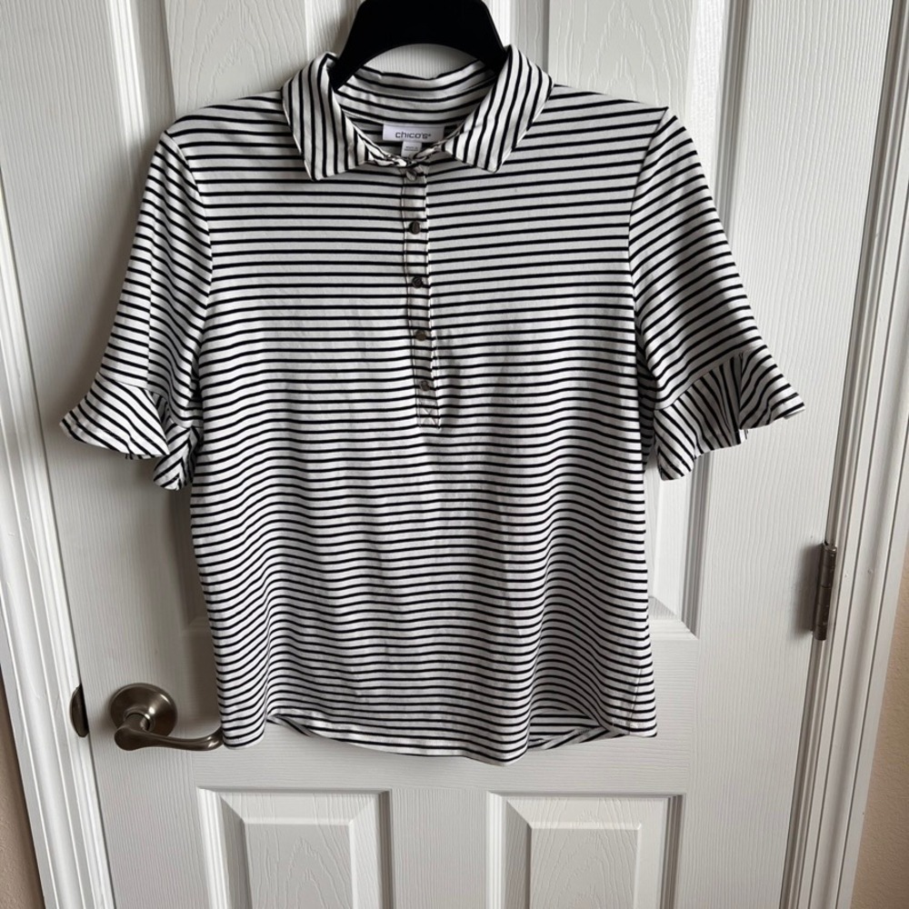 Chicos Striped Ruffle Sleeve Button Up Knit Top Blouse Size 0 US 4 Small